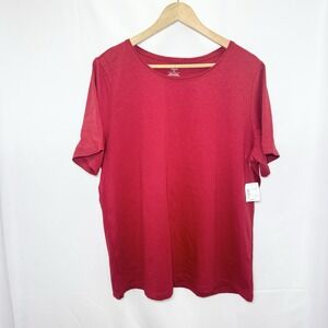 CJ Banks Women's 1X Red Scoop Neck T-Shirt 100% Cotton Classic‎ Short Sleeve